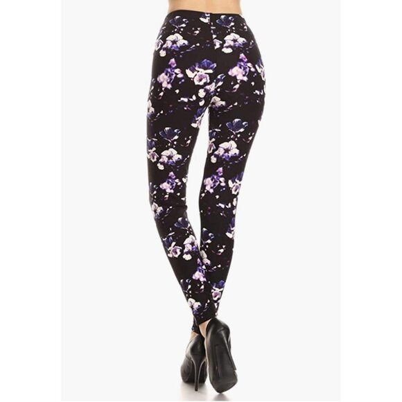 Purple‎ & Black Floral Flower Blossom Printed Leggings Tights - Picture 3 of 5
